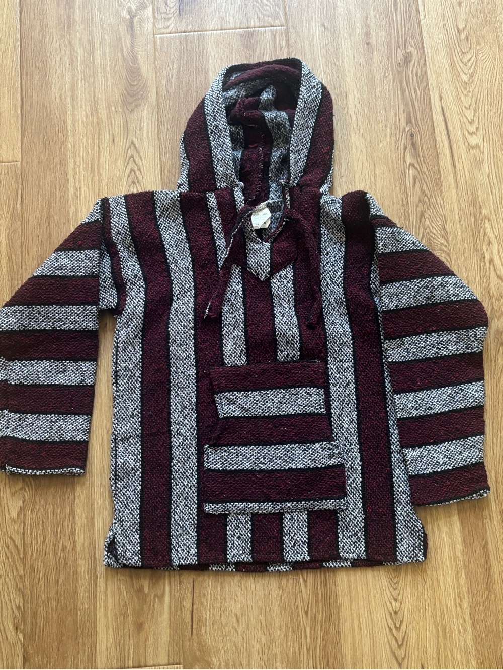 Striped Hooded Pullover Baja hoodie in Maroon and Gray